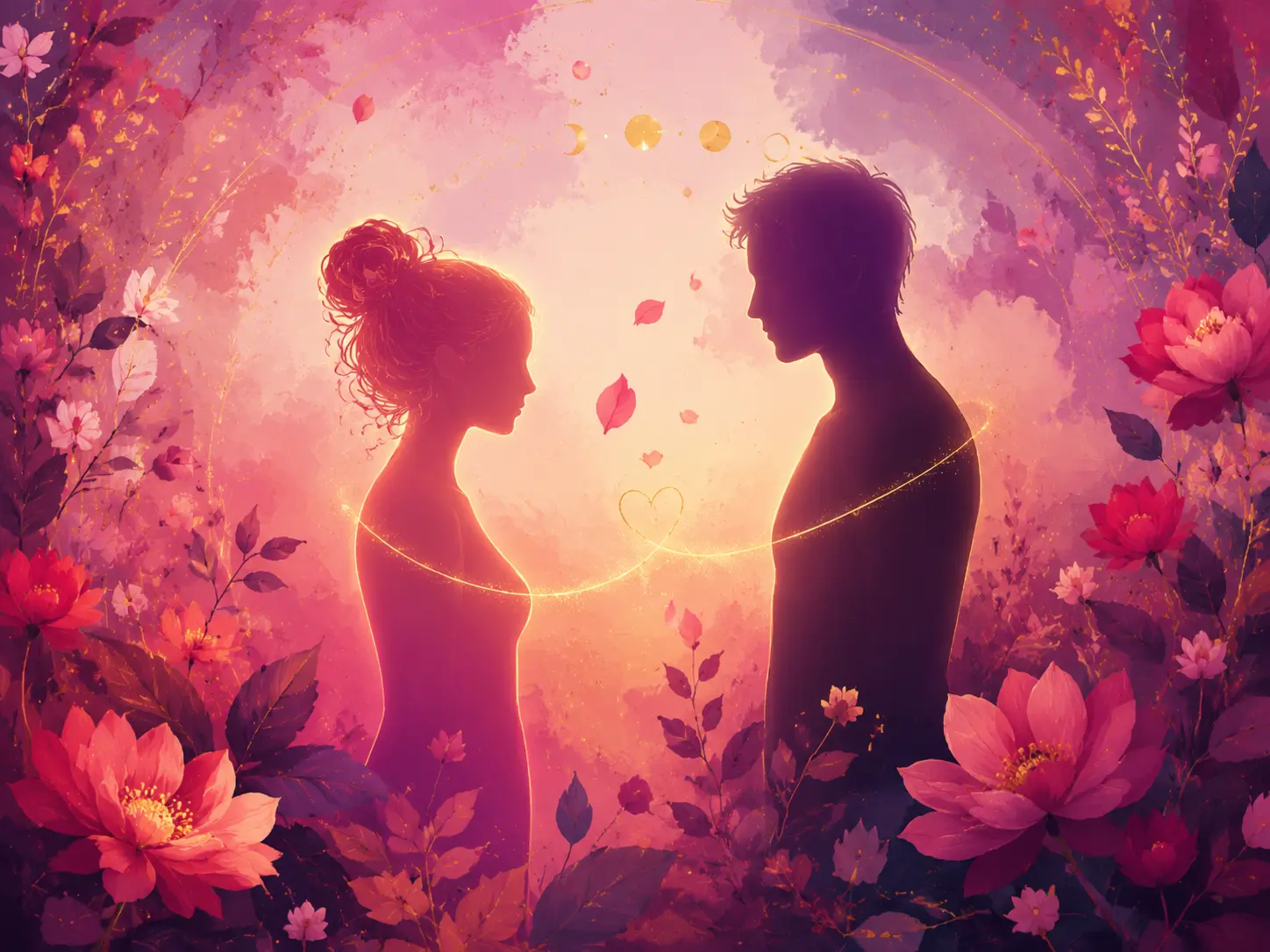 Deux silhouettes reliées par une lumière dorée dans un jardin fleuri