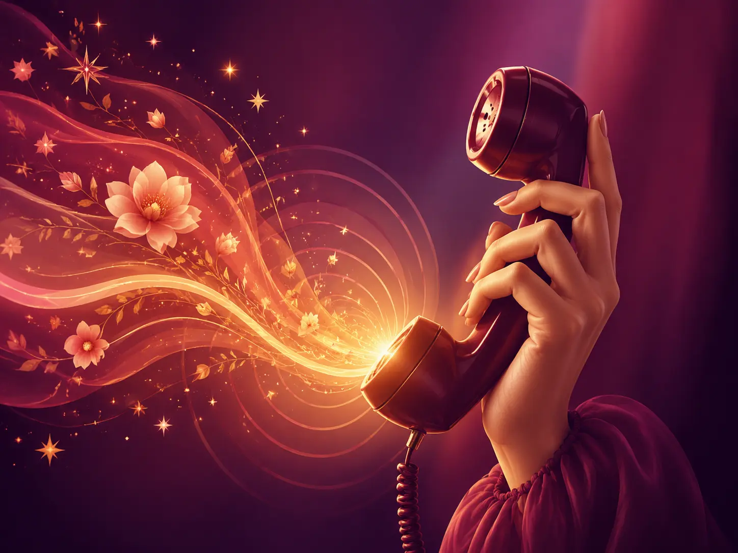 Main tenant un téléphone d’où jaillissent des fleurs et une lumière dorée
